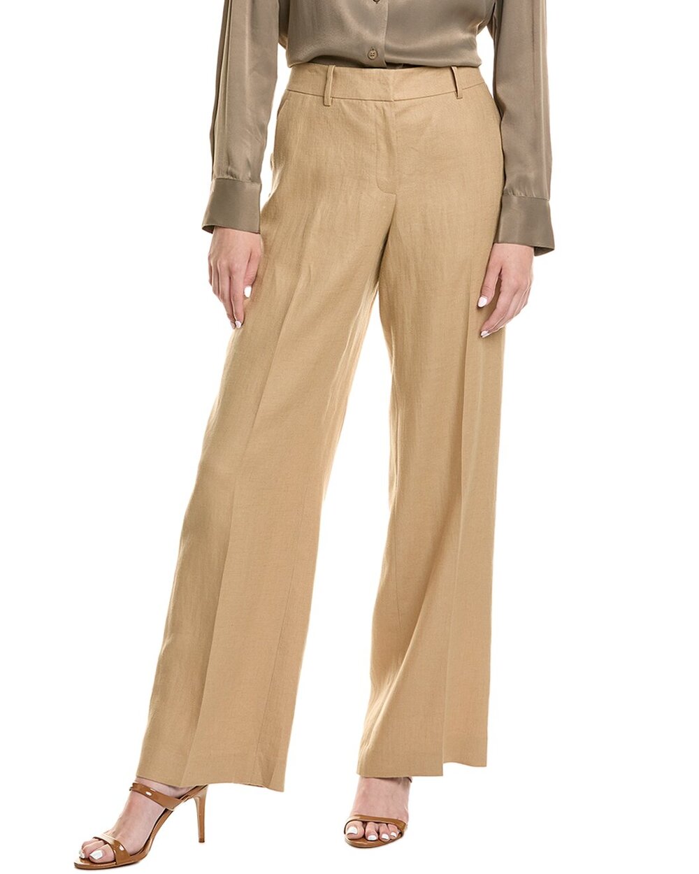 Lafayette 148 NY Sullivan Wide Leg Pant Tan Linen Size 10 Flat Front Dress Work